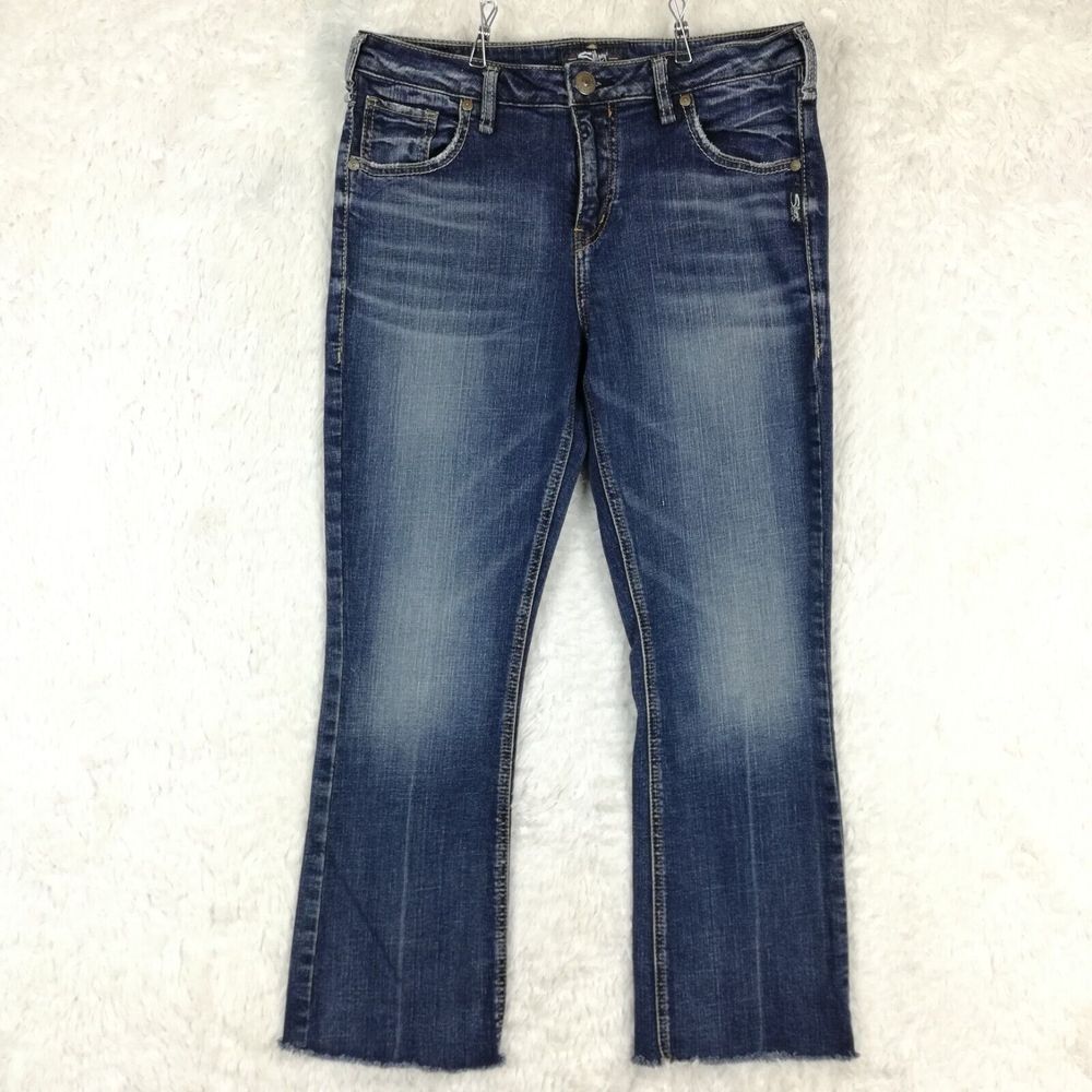 Silver Jeans Womens Izzy Ankle‎ Kicker Denim Blue Frayed Stone Wash Mid Rise 29